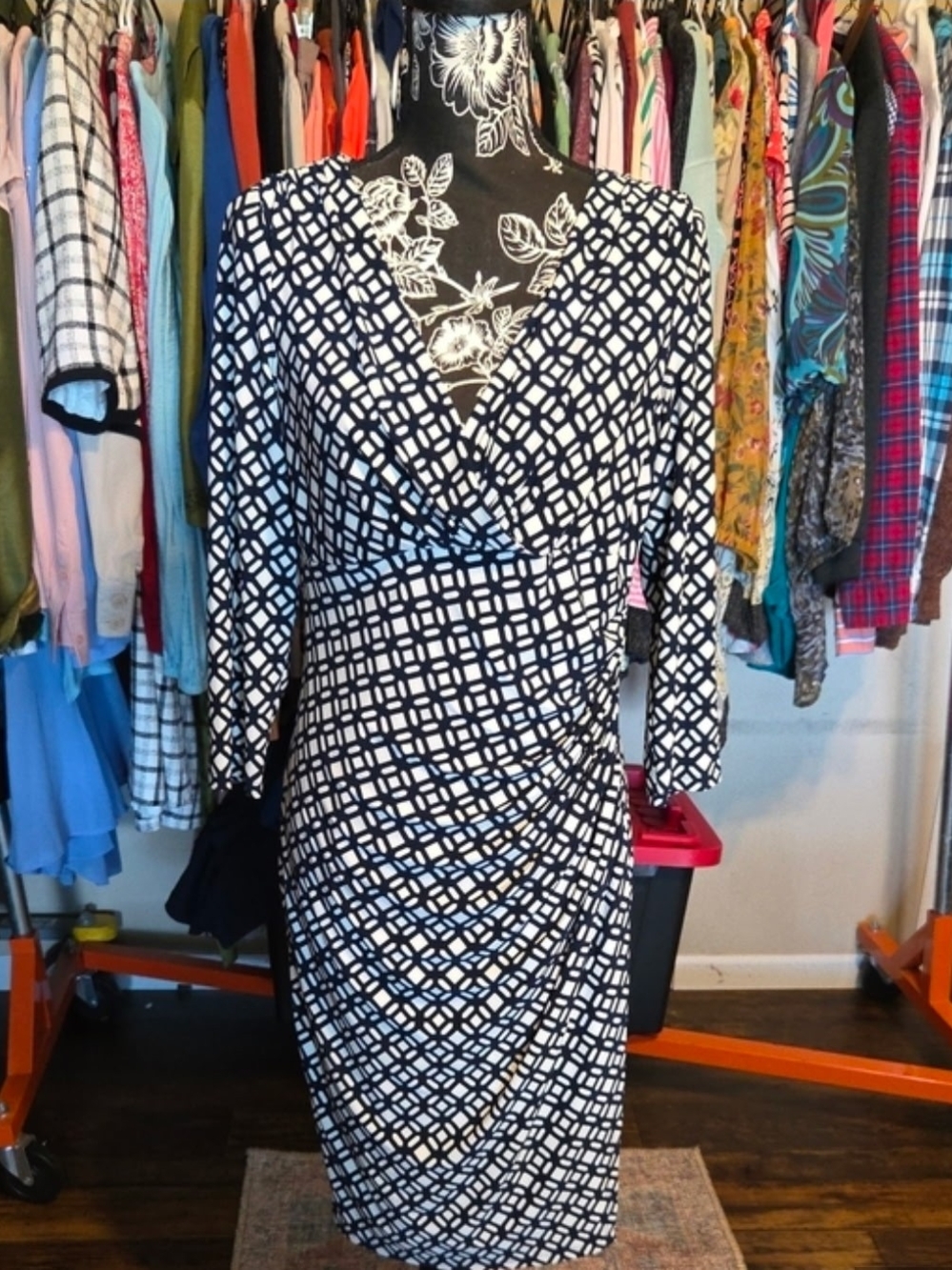 Lauren Ralph Lauren Black and White Geometric Wrap Midi Dress